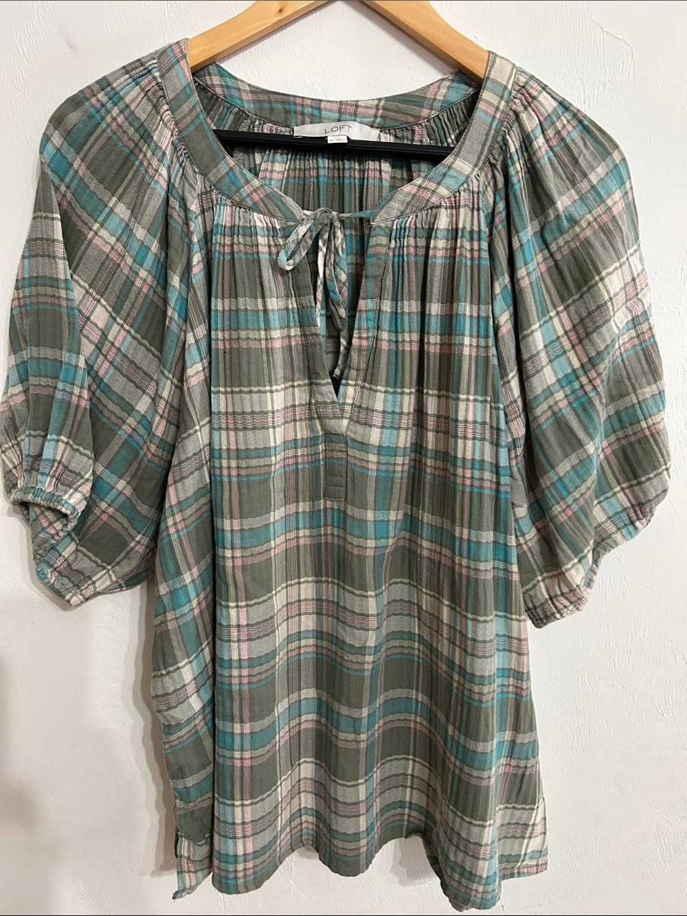 LOFT Green XL Plaid Peasant Blouse with Tie